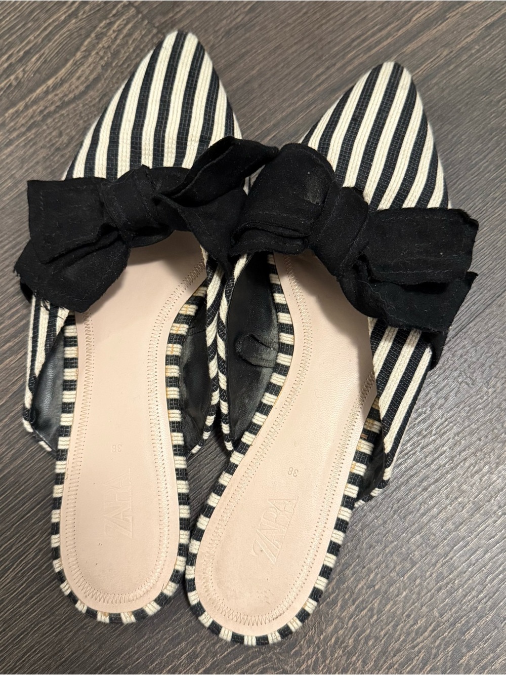 Zara Black & White Striped Bow Mules
